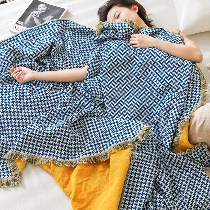 91家纺网 家纺一手货源 找家纺 朴尔家纺-毛巾被 2026春夏新款千鸟格AB面纯色流苏全棉纯棉纱布毛巾被系列夏被夏凉被空调被 千鸟流苏-蓝
