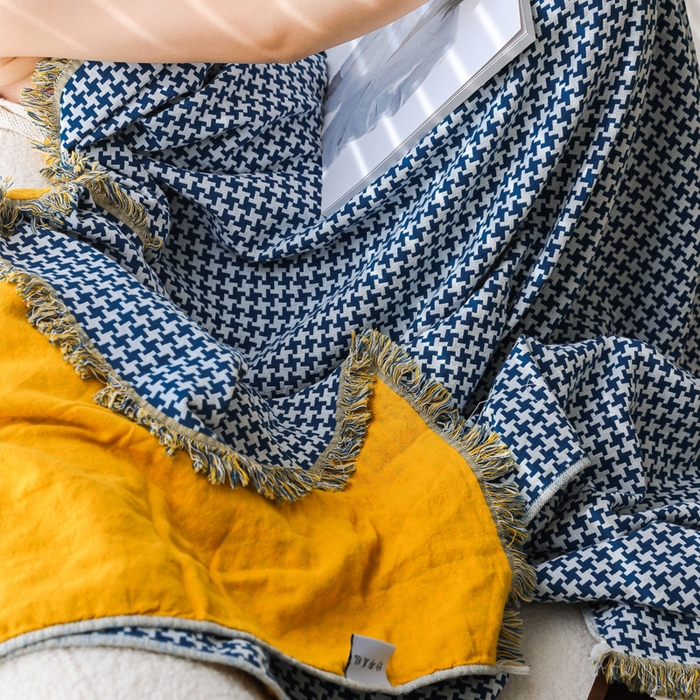 91家纺网 家纺一手货源 找家纺 朴尔家纺-毛巾被 2026春夏新款千鸟格AB面纯色流苏全棉纯棉纱布毛巾被系列夏被夏凉被空调被 千鸟流苏-蓝