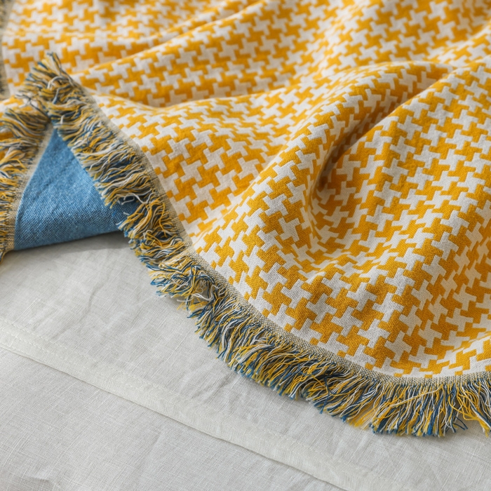 91家纺网 家纺一手货源 找家纺 朴尔家纺-毛巾被 2026春夏新款千鸟格AB面纯色流苏全棉纯棉纱布毛巾被系列夏被夏凉被空调被 千鸟流苏-黄