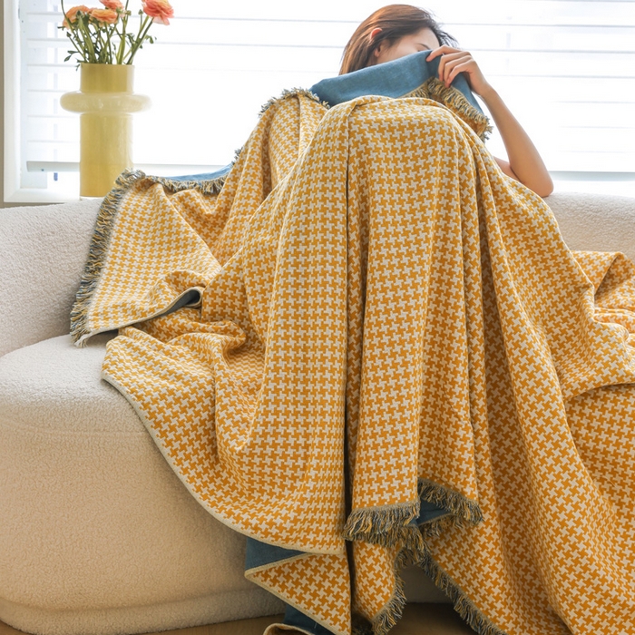 91家纺网 家纺一手货源 找家纺 朴尔家纺-毛巾被 2026春夏新款千鸟格AB面纯色流苏全棉纯棉纱布毛巾被系列夏被夏凉被空调被 千鸟流苏-黄