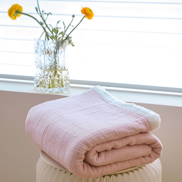 91家纺网 家纺一手货源 找家纺 朴尔家纺-毛巾被 2026春夏新款全棉纯棉80支四层纱布毛巾被夏被夏凉被空调被 宽边-粉