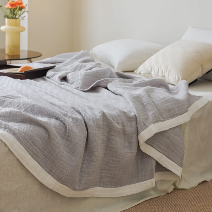 91家纺网 家纺一手货源 找家纺 朴尔家纺-毛巾被 2026春夏新款全棉纯棉80支四层纱布毛巾被夏被夏凉被空调被 宽边-灰