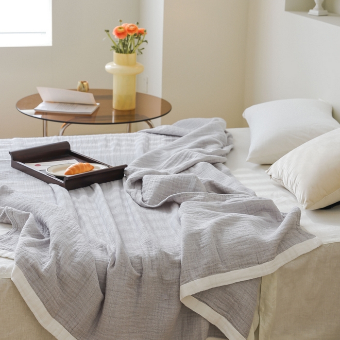 91家纺网 家纺一手货源 找家纺 朴尔家纺-毛巾被 2026春夏新款全棉纯棉80支四层纱布毛巾被夏被夏凉被空调被 宽边-灰
