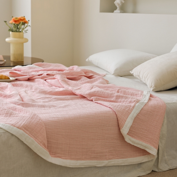 91家纺网 家纺一手货源 找家纺 朴尔家纺-毛巾被 2026春夏新款全棉纯棉80支四层纱布毛巾被夏被夏凉被空调被 宽边-粉