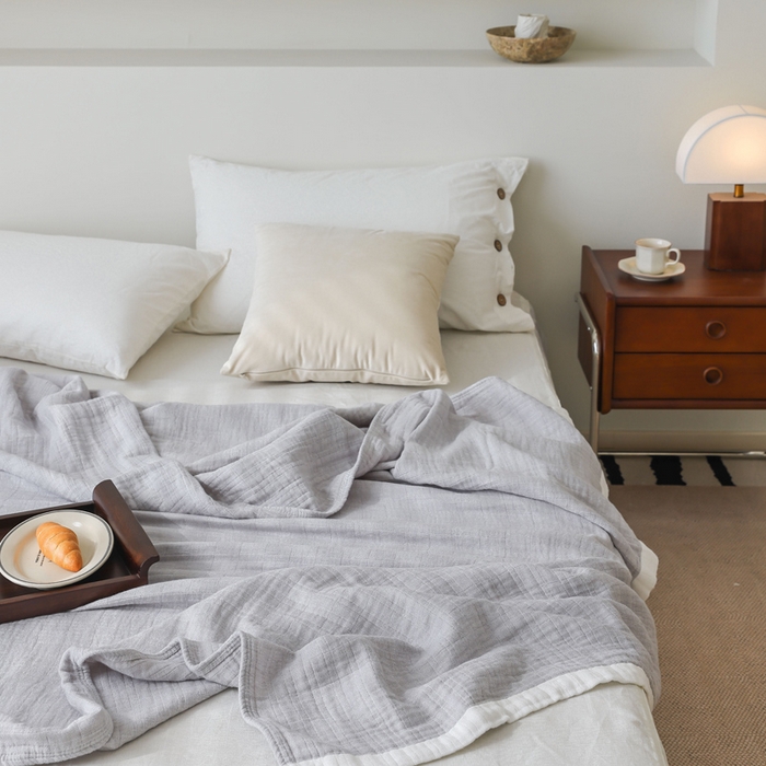 91家纺网 家纺一手货源 找家纺 朴尔家纺-毛巾被 2026春夏新款全棉纯棉80支四层纱布毛巾被夏被夏凉被空调被 宽边-灰