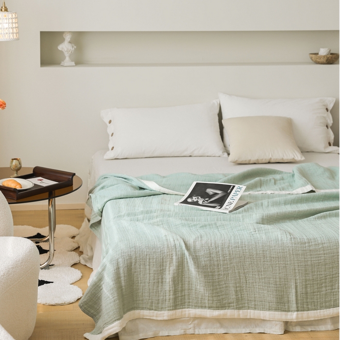 91家纺网 家纺一手货源 找家纺 朴尔家纺-毛巾被 2026春夏新款全棉纯棉80支四层纱布毛巾被夏被夏凉被空调被 宽边-绿