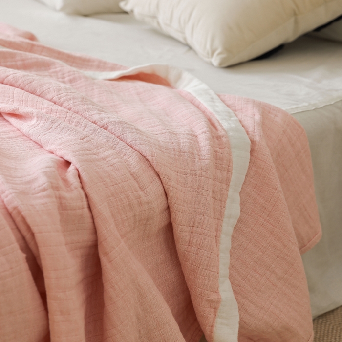 91家纺网 家纺一手货源 找家纺 朴尔家纺-毛巾被 2026春夏新款全棉纯棉80支四层纱布毛巾被夏被夏凉被空调被 宽边-粉