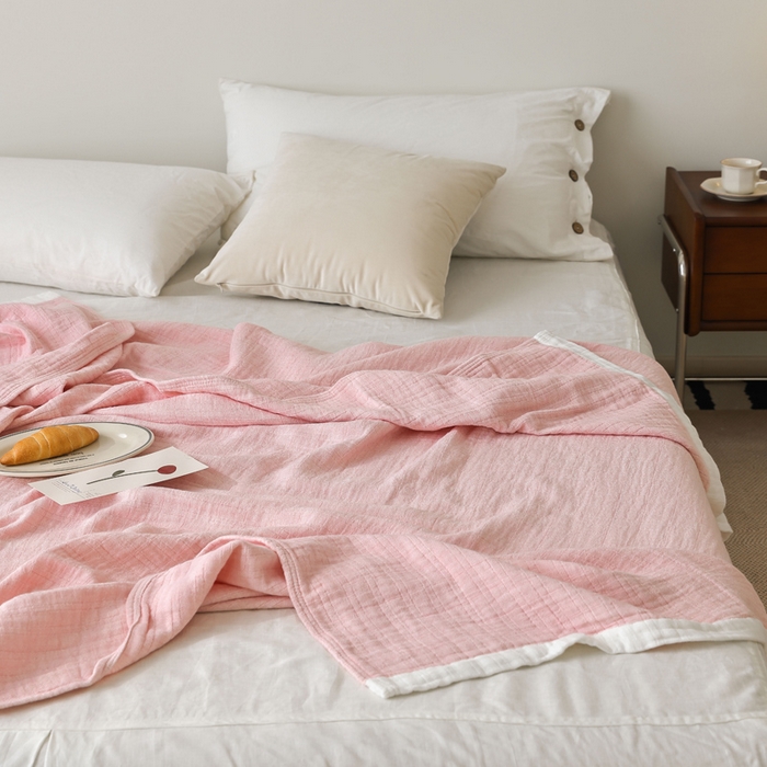 91家纺网 家纺一手货源 找家纺 朴尔家纺-毛巾被 2026春夏新款全棉纯棉80支四层纱布毛巾被夏被夏凉被空调被 宽边-粉