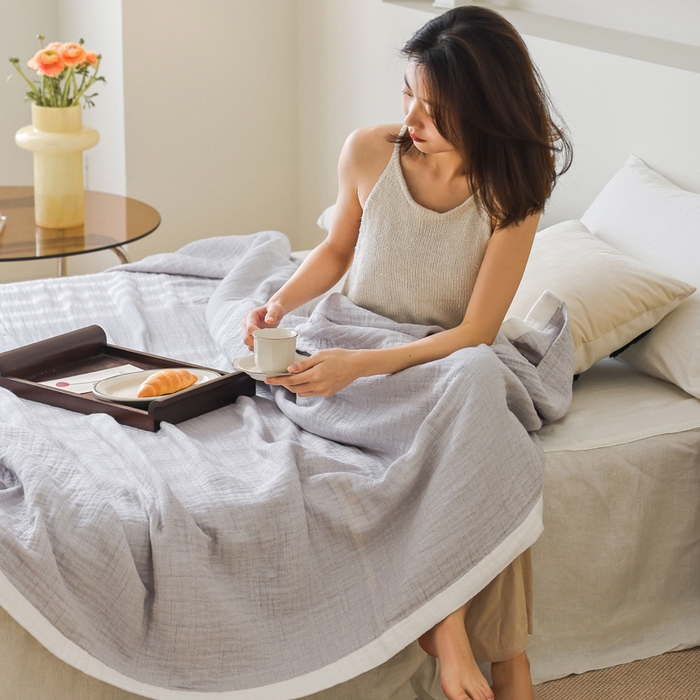 91家纺网 家纺一手货源 找家纺 朴尔家纺-毛巾被 2026春夏新款全棉纯棉80支四层纱布毛巾被夏被夏凉被空调被 宽边-灰