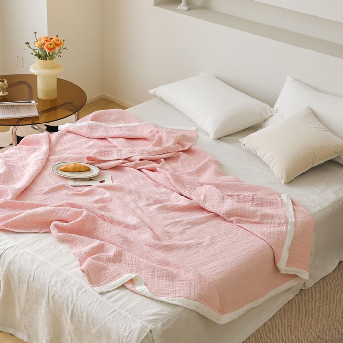 91家纺网 家纺一手货源 找家纺 朴尔家纺-毛巾被 2026春夏新款全棉纯棉80支四层纱布毛巾被夏被夏凉被空调被 宽边-粉