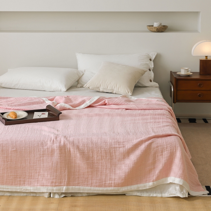 91家纺网 家纺一手货源 找家纺 朴尔家纺-毛巾被 2026春夏新款全棉纯棉80支四层纱布毛巾被夏被夏凉被空调被 宽边-粉