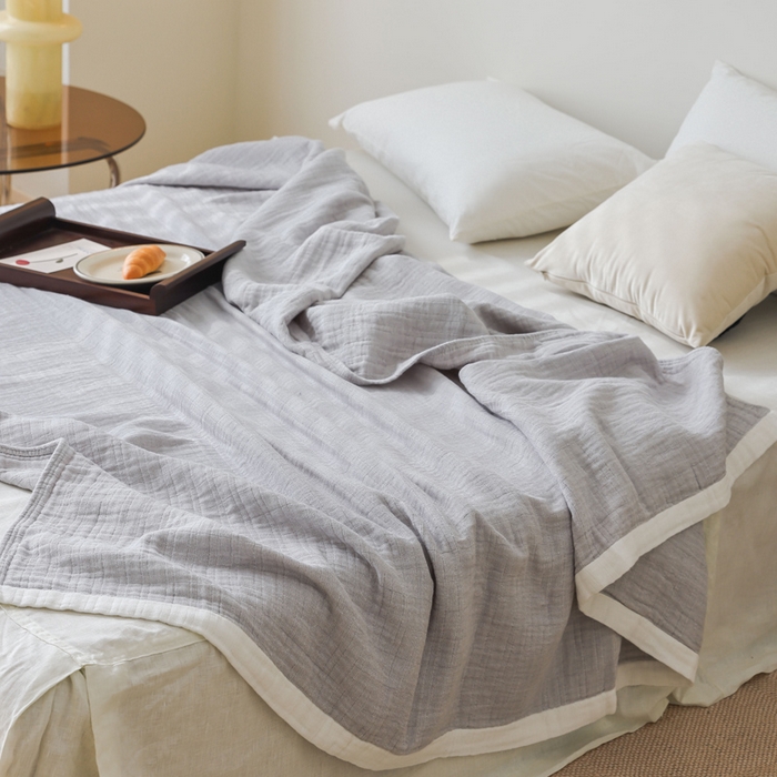 91家纺网 家纺一手货源 找家纺 朴尔家纺-毛巾被 2026春夏新款全棉纯棉80支四层纱布毛巾被夏被夏凉被空调被 宽边-灰