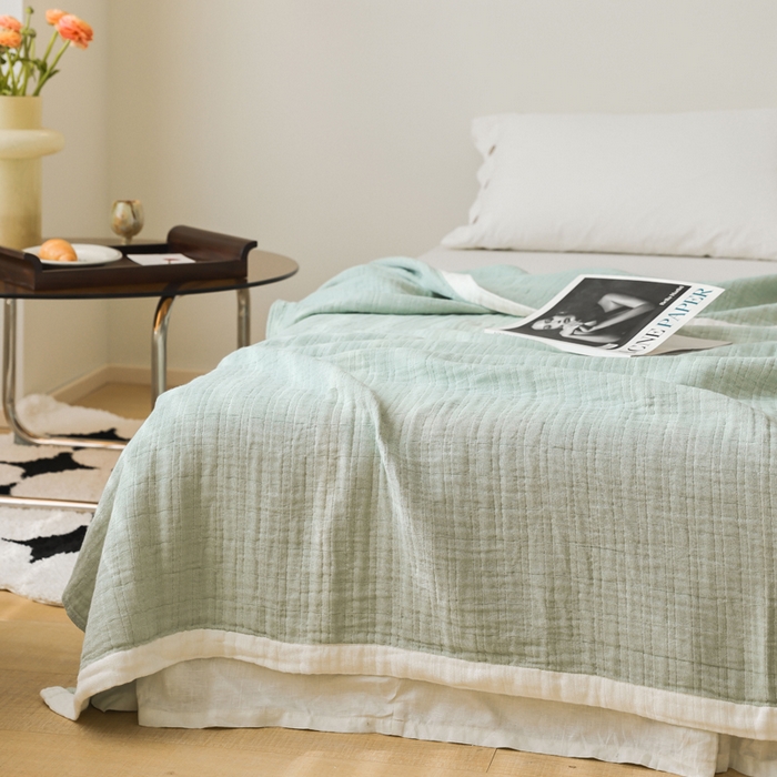 91家纺网 家纺一手货源 找家纺 朴尔家纺-毛巾被 2026春夏新款全棉纯棉80支四层纱布毛巾被夏被夏凉被空调被 宽边-绿