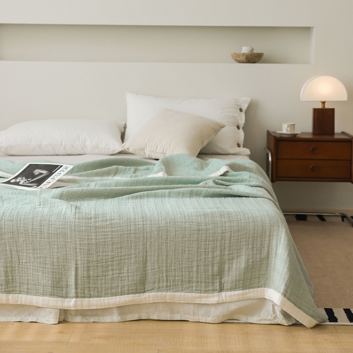 91家纺网 家纺一手货源 找家纺 朴尔家纺-毛巾被 2026春夏新款全棉纯棉80支四层纱布毛巾被夏被夏凉被空调被 宽边-绿