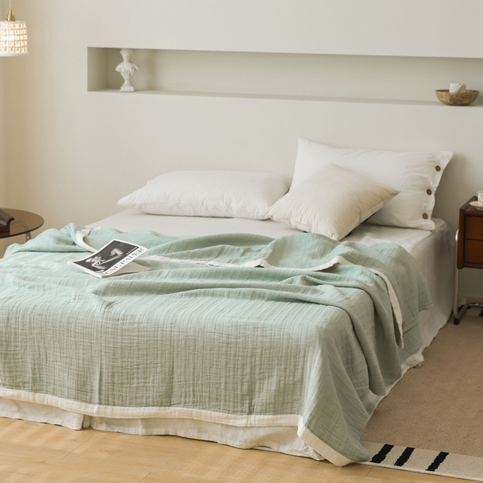 91家纺网 家纺一手货源 找家纺 朴尔家纺-毛巾被 2026春夏新款全棉纯棉80支四层纱布毛巾被夏被夏凉被空调被 宽边-绿