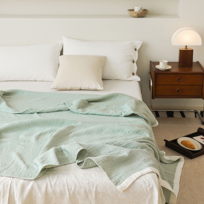 91家纺网 家纺一手货源 找家纺 朴尔家纺-毛巾被 2026春夏新款全棉纯棉80支四层纱布毛巾被夏被夏凉被空调被 宽边-绿