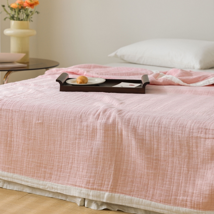 91家纺网 家纺一手货源 找家纺 朴尔家纺-毛巾被 2026春夏新款全棉纯棉80支四层纱布毛巾被夏被夏凉被空调被 宽边-粉