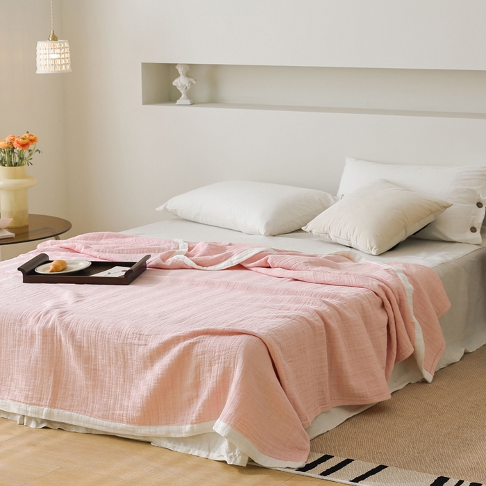 91家纺网 家纺一手货源 找家纺 朴尔家纺-毛巾被 2026春夏新款全棉纯棉80支四层纱布毛巾被夏被夏凉被空调被 宽边-粉