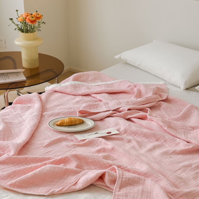 91家纺网 家纺一手货源 找家纺 朴尔家纺-毛巾被 2026春夏新款全棉纯棉80支四层纱布毛巾被夏被夏凉被空调被 宽边-粉