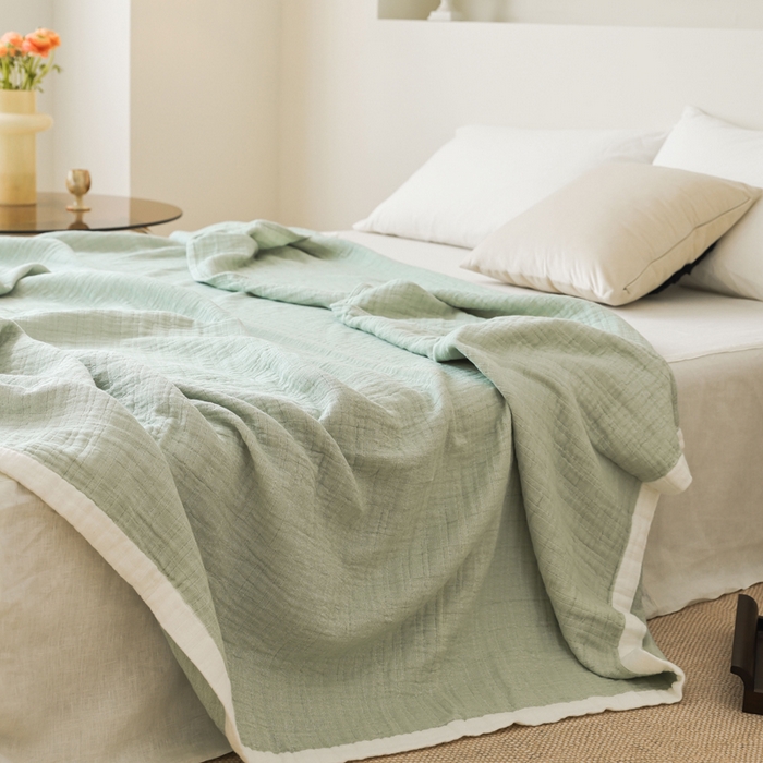 91家纺网 家纺一手货源 找家纺 朴尔家纺-毛巾被 2026春夏新款全棉纯棉80支四层纱布毛巾被夏被夏凉被空调被 宽边-绿