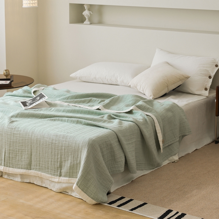 91家纺网 家纺一手货源 找家纺 朴尔家纺-毛巾被 2026春夏新款全棉纯棉80支四层纱布毛巾被夏被夏凉被空调被 宽边-绿