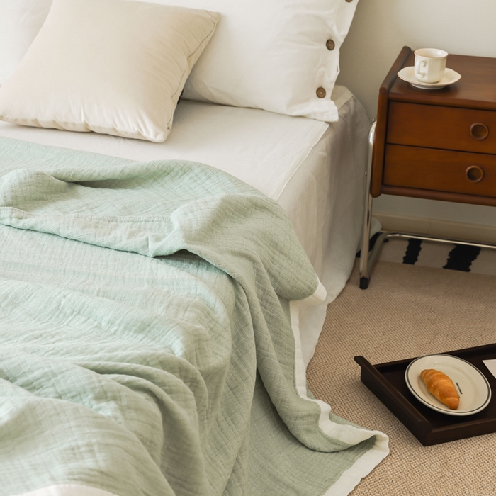 91家纺网 家纺一手货源 找家纺 朴尔家纺-毛巾被 2026春夏新款全棉纯棉80支四层纱布毛巾被夏被夏凉被空调被 宽边-绿