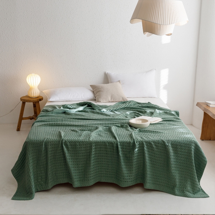 91家纺网 家纺一手货源 找家纺 朴尔家纺-毛巾被 2026春夏新款柔软风纯色华夫格全棉纯棉纱布毛巾被系列夏被夏凉被空调被 华夫格-绿