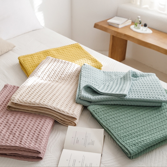 91家纺网 家纺一手货源 找家纺 （总）朴尔家纺-毛巾被 2026春夏新款柔软风纯色华夫格全棉纯棉纱布毛巾被系列夏被夏凉被空调被