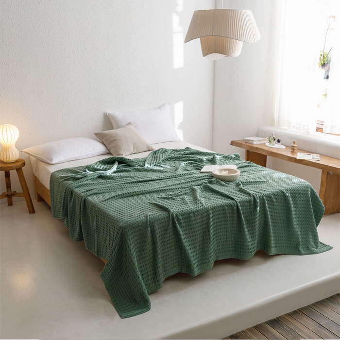 91家纺网 家纺一手货源 找家纺 朴尔家纺-毛巾被 2026春夏新款柔软风纯色华夫格全棉纯棉纱布毛巾被系列夏被夏凉被空调被 华夫格-绿