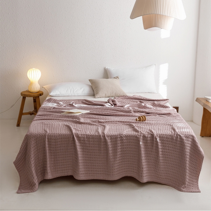 朴尔家纺-毛巾被 2026春夏新款柔软风纯色华夫格全棉纯棉纱布毛巾被系列夏被夏凉被空调被 华夫格-粉