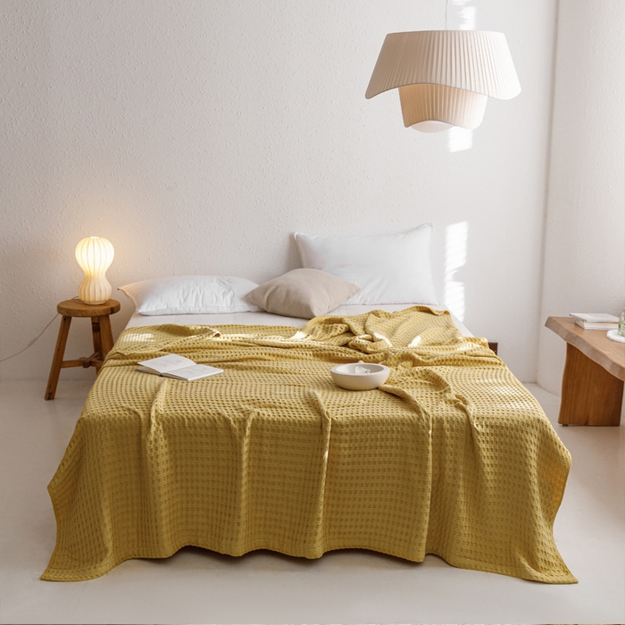 朴尔家纺-毛巾被 2026春夏新款柔软风纯色华夫格全棉纯棉纱布毛巾被系列夏被夏凉被空调被 华夫格-黄