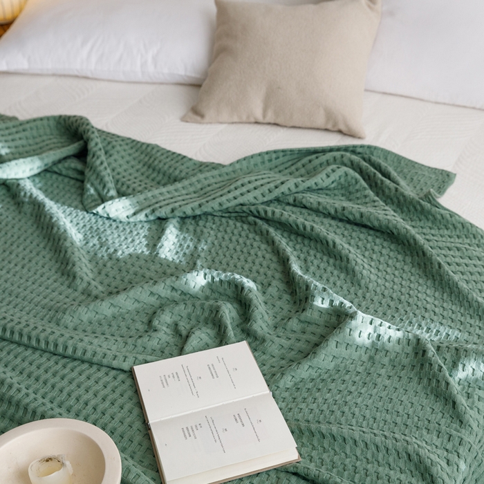 91家纺网 家纺一手货源 找家纺 朴尔家纺-毛巾被 2026春夏新款柔软风纯色华夫格全棉纯棉纱布毛巾被系列夏被夏凉被空调被 华夫格-绿