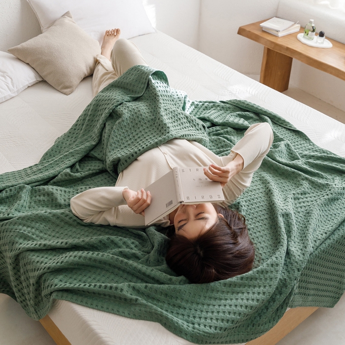 91家纺网 家纺一手货源 找家纺 朴尔家纺-毛巾被 2026春夏新款柔软风纯色华夫格全棉纯棉纱布毛巾被系列夏被夏凉被空调被 华夫格-绿