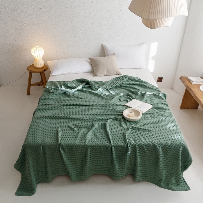 91家纺网 家纺一手货源 找家纺 朴尔家纺-毛巾被 2026春夏新款柔软风纯色华夫格全棉纯棉纱布毛巾被系列夏被夏凉被空调被 华夫格-绿