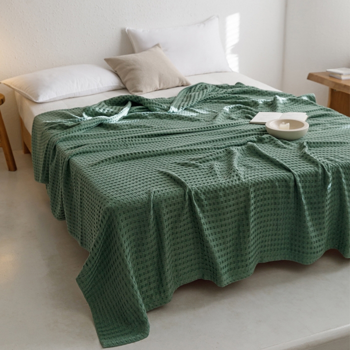 91家纺网 家纺一手货源 找家纺 朴尔家纺-毛巾被 2026春夏新款柔软风纯色华夫格全棉纯棉纱布毛巾被系列夏被夏凉被空调被 华夫格-绿