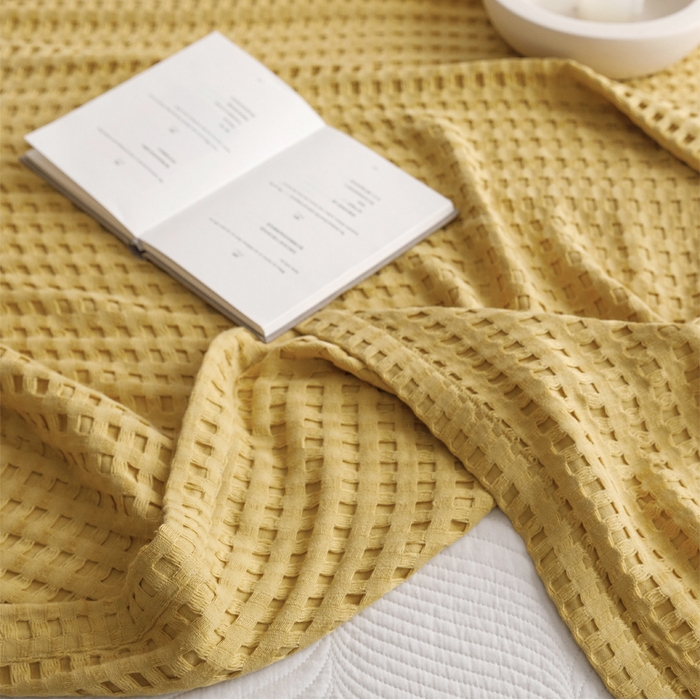 91家纺网 家纺一手货源 找家纺 朴尔家纺-毛巾被 2026春夏新款柔软风纯色华夫格全棉纯棉纱布毛巾被系列夏被夏凉被空调被 华夫格-黄