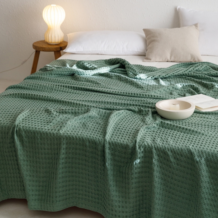91家纺网 家纺一手货源 找家纺 朴尔家纺-毛巾被 2026春夏新款柔软风纯色华夫格全棉纯棉纱布毛巾被系列夏被夏凉被空调被 华夫格-绿