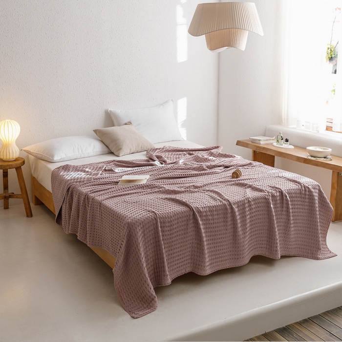 91家纺网 家纺一手货源 找家纺 朴尔家纺-毛巾被 2026春夏新款柔软风纯色华夫格全棉纯棉纱布毛巾被系列夏被夏凉被空调被 华夫格-粉