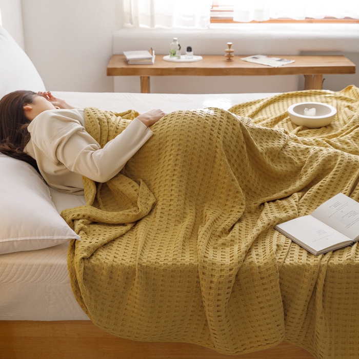 91家纺网 家纺一手货源 找家纺 朴尔家纺-毛巾被 2026春夏新款柔软风纯色华夫格全棉纯棉纱布毛巾被系列夏被夏凉被空调被 华夫格-黄
