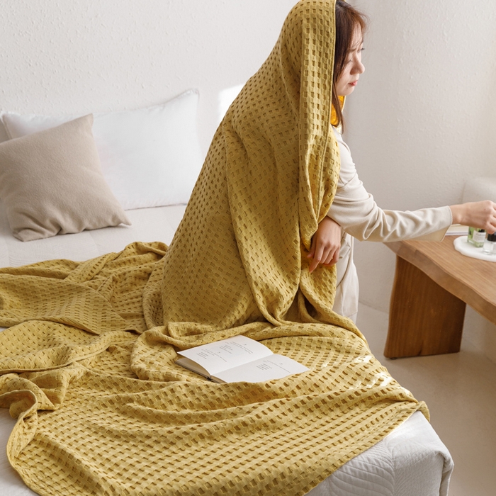 91家纺网 家纺一手货源 找家纺 朴尔家纺-毛巾被 2026春夏新款柔软风纯色华夫格全棉纯棉纱布毛巾被系列夏被夏凉被空调被 华夫格-黄