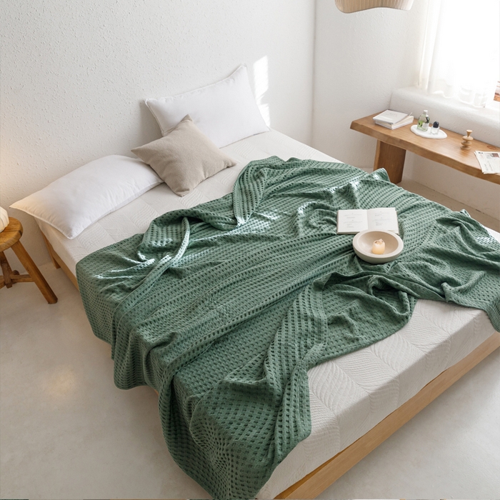 91家纺网 家纺一手货源 找家纺 朴尔家纺-毛巾被 2026春夏新款柔软风纯色华夫格全棉纯棉纱布毛巾被系列夏被夏凉被空调被 华夫格-绿