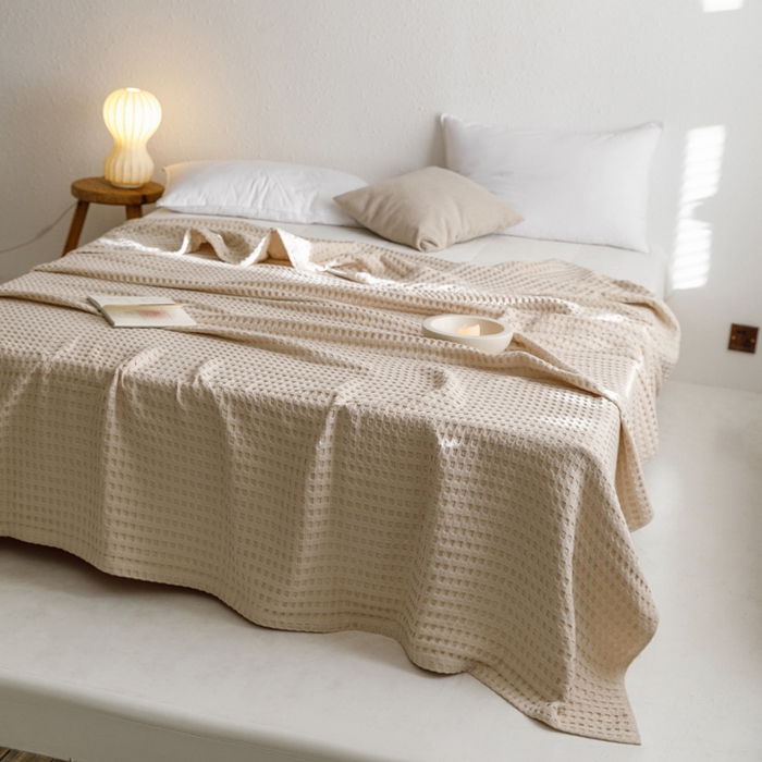 91家纺网 家纺一手货源 找家纺 朴尔家纺-毛巾被 2026春夏新款柔软风纯色华夫格全棉纯棉纱布毛巾被系列夏被夏凉被空调被 华夫格-驼