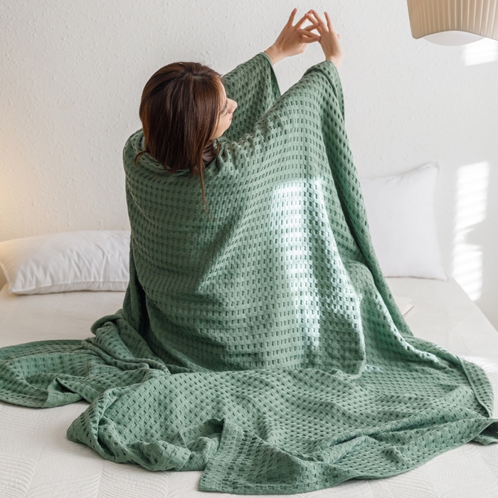 91家纺网 家纺一手货源 找家纺 朴尔家纺-毛巾被 2026春夏新款柔软风纯色华夫格全棉纯棉纱布毛巾被系列夏被夏凉被空调被 华夫格-绿