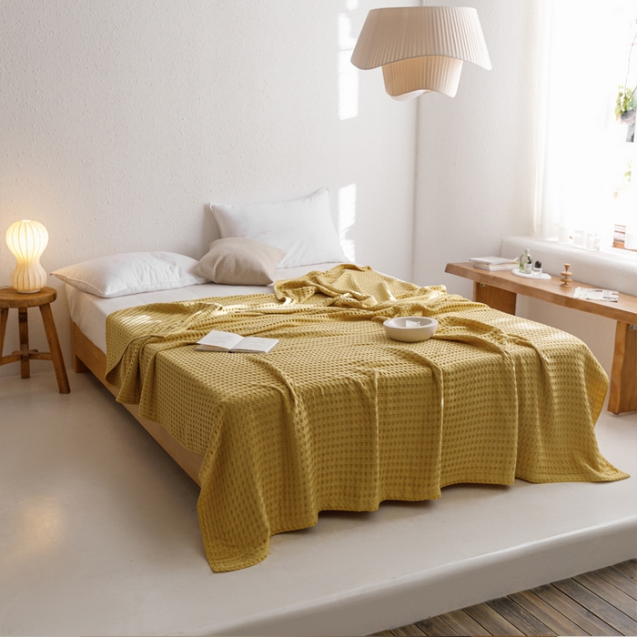 91家纺网 家纺一手货源 找家纺 朴尔家纺-毛巾被 2026春夏新款柔软风纯色华夫格全棉纯棉纱布毛巾被系列夏被夏凉被空调被 华夫格-黄