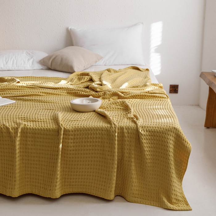 91家纺网 家纺一手货源 找家纺 朴尔家纺-毛巾被 2026春夏新款柔软风纯色华夫格全棉纯棉纱布毛巾被系列夏被夏凉被空调被 华夫格-黄