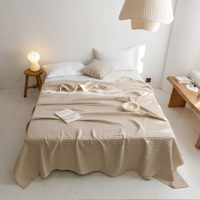 91家纺网 家纺一手货源 找家纺 朴尔家纺-毛巾被 2026春夏新款柔软风纯色华夫格全棉纯棉纱布毛巾被系列夏被夏凉被空调被 华夫格-驼