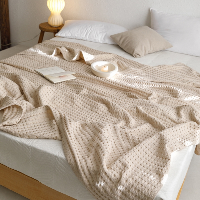 91家纺网 家纺一手货源 找家纺 朴尔家纺-毛巾被 2026春夏新款柔软风纯色华夫格全棉纯棉纱布毛巾被系列夏被夏凉被空调被 华夫格-驼