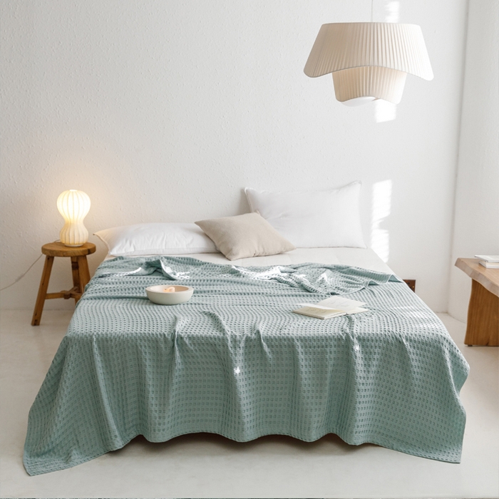 朴尔家纺-毛巾被 2026春夏新款柔软风纯色华夫格全棉纯棉纱布毛巾被系列夏被夏凉被空调被 华夫格-蓝