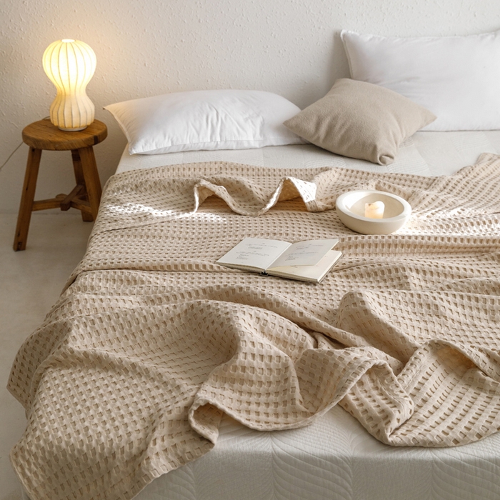 91家纺网 家纺一手货源 找家纺 朴尔家纺-毛巾被 2026春夏新款柔软风纯色华夫格全棉纯棉纱布毛巾被系列夏被夏凉被空调被 华夫格-驼