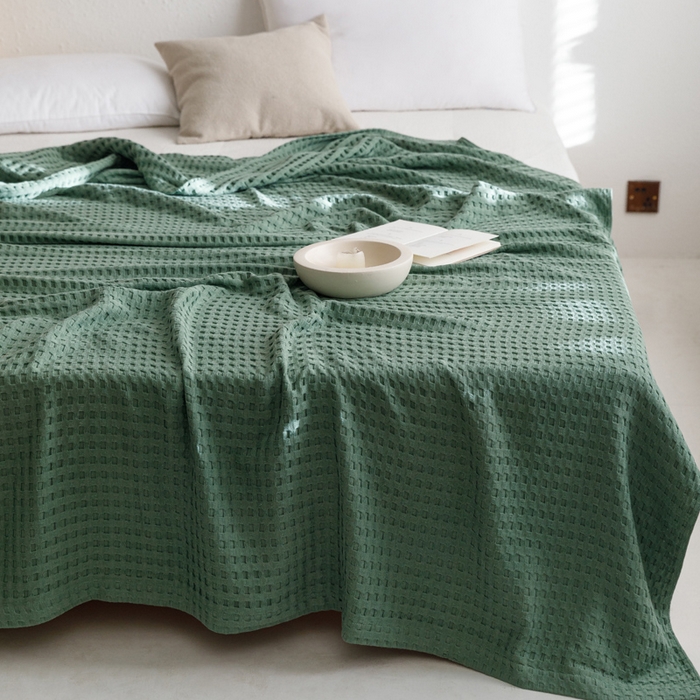 91家纺网 家纺一手货源 找家纺 朴尔家纺-毛巾被 2026春夏新款柔软风纯色华夫格全棉纯棉纱布毛巾被系列夏被夏凉被空调被 华夫格-绿